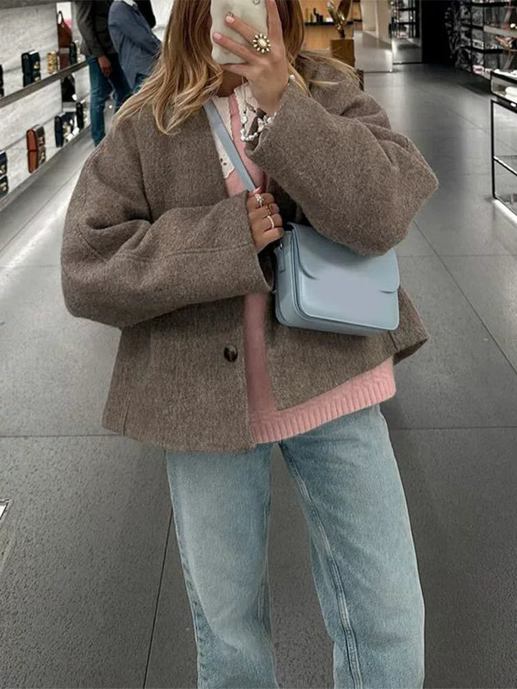 Dames Jas – Oversized Relaxte Pasvorm – Wolachtige Stof – Wijde Mouwen – V-Hals Zonder Kraag