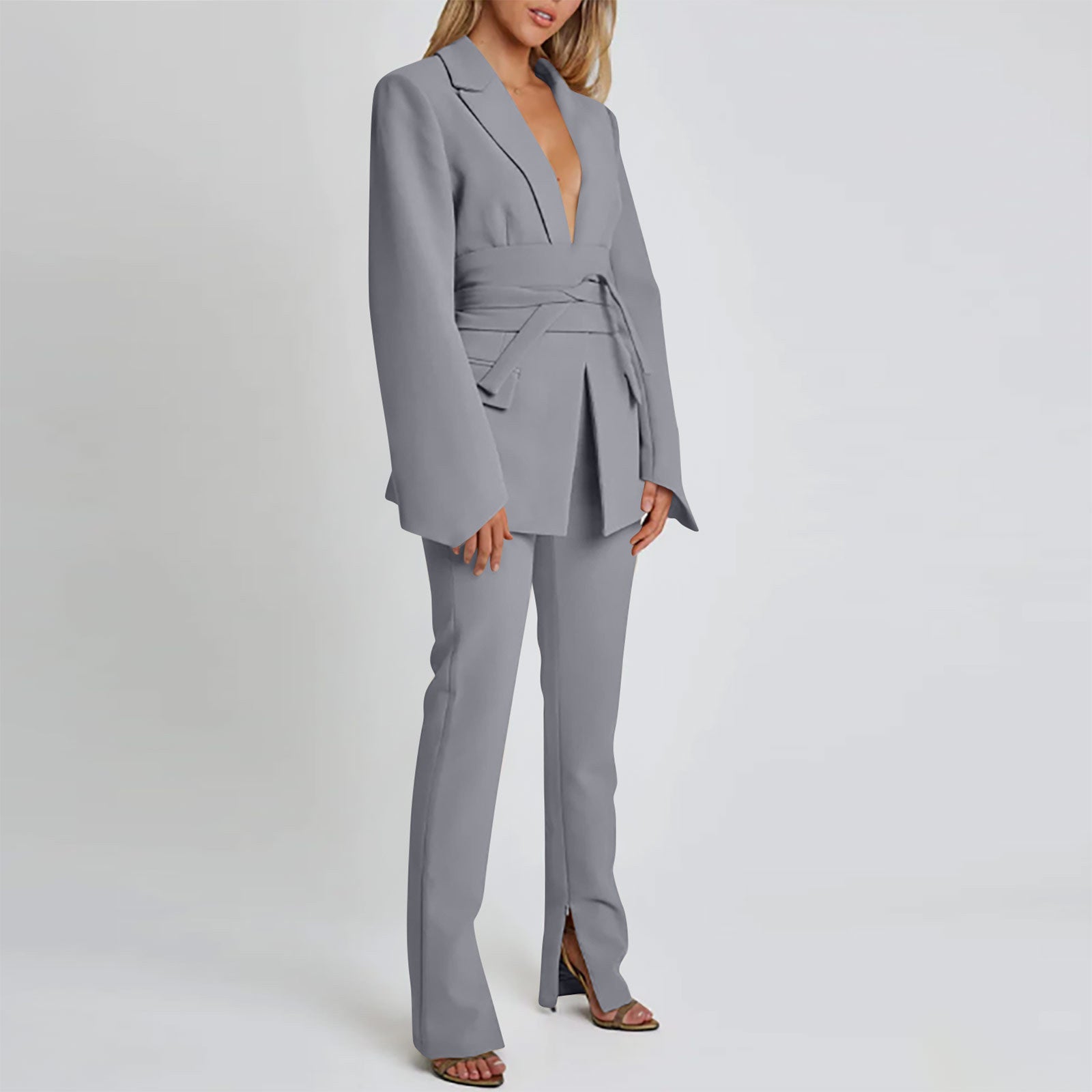 Dames blazer – Lang model – Getailleerde pasvorm – Strikceintuur – Reverskraag