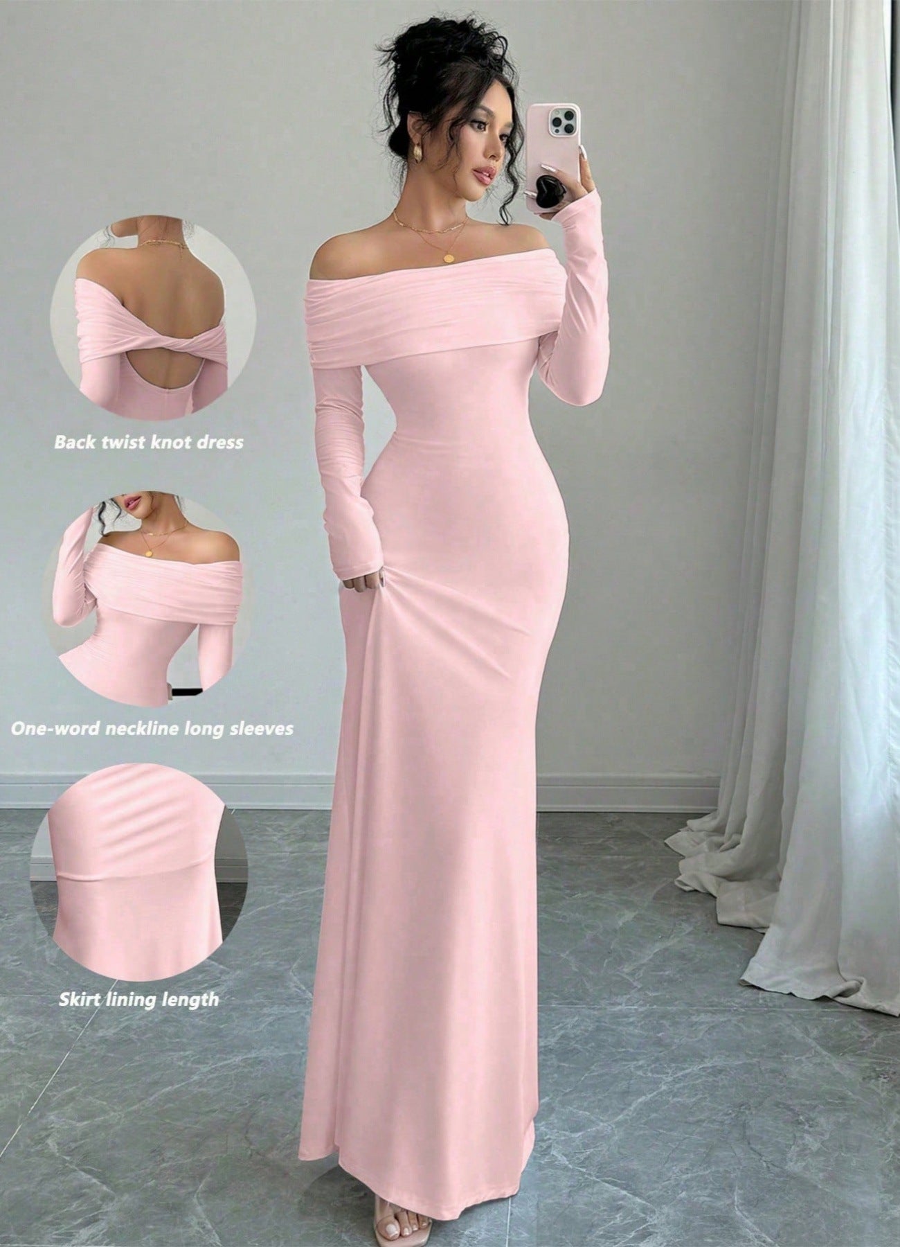 Overfold Off-Shoulder Mesh Long Sleeve Long Dress