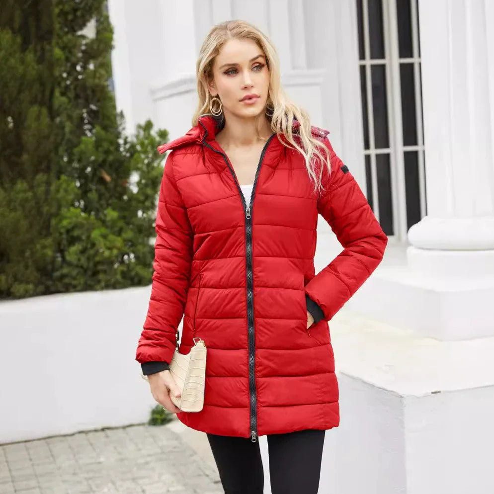 Ladies Puffer Jacket – Padded – Detachable Hood – Ribbed Cuffs – Mid-Length Model