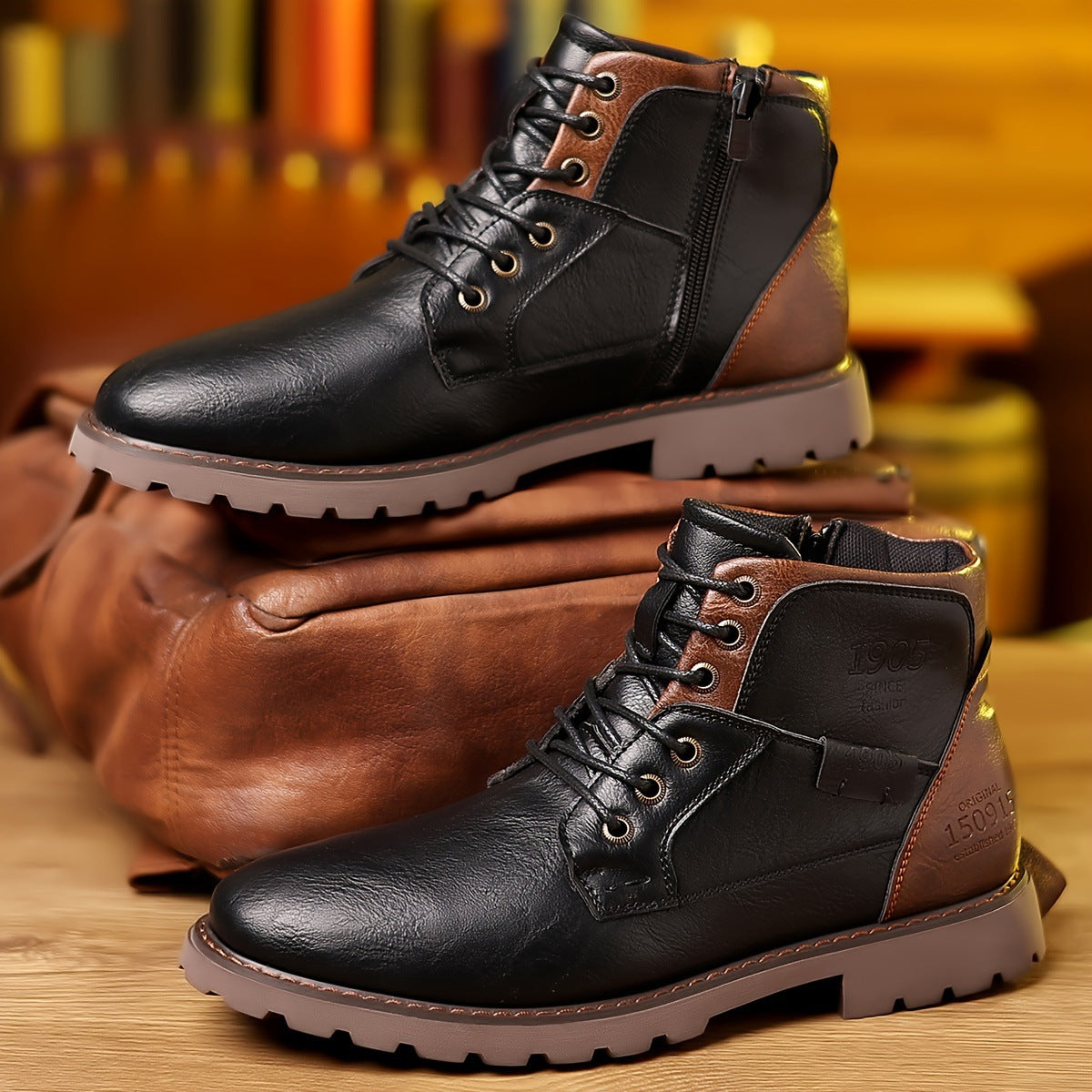 Men's Mid-Calf Boots – Leather Look – Lace-Up and Zip – Profile Sole – Comfort Ankle Padding