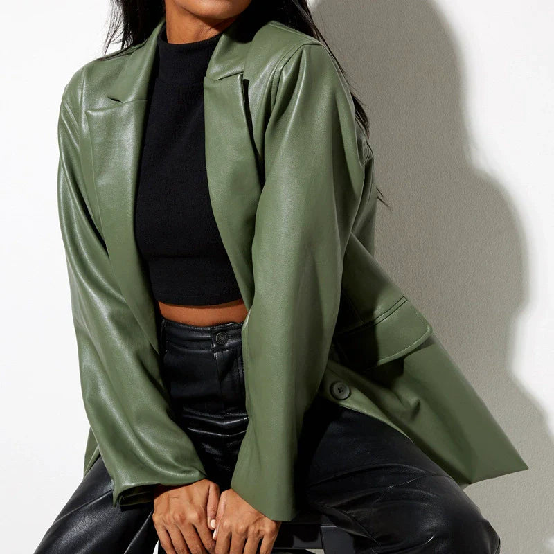 Dames blazer jas – Oversized relaxte pasvorm – Imitatieleer – Lange mouw – Flapzakken