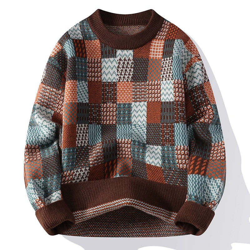 Heren Trui – Relaxte Pasvorm – Patchwork Breisel – Geribde Boorden en Halslijn