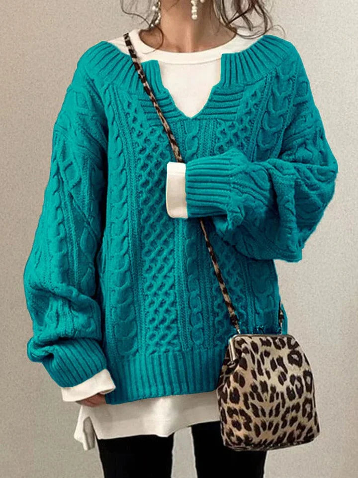 Dames Trui – Oversized Pasvorm – Wolmix – Kabelgebreid – Diepe V-Hals – Lange Mouwen