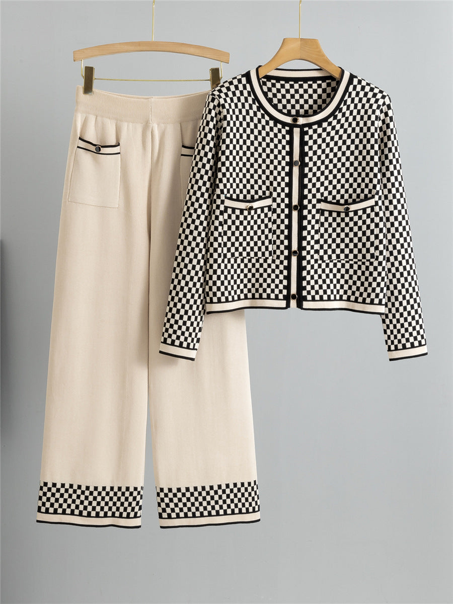 Ladies Two-Piece Suit – Knitted Cardigan with Round Neck – High-Waisted Wide-Leg Pants