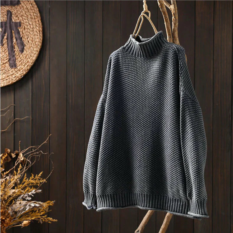 Dames Trui Oversized – Waffle Knit – Hoge Hals – Dolman Mouwen – Geribde Boorden