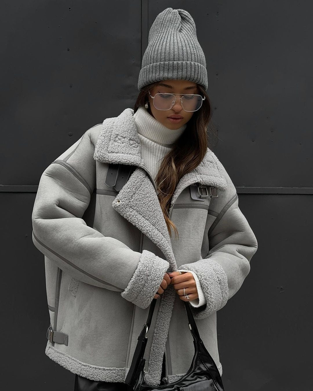 Noor Oversized Shearling Aviator Jacket | Collared Hip-Length Jacket