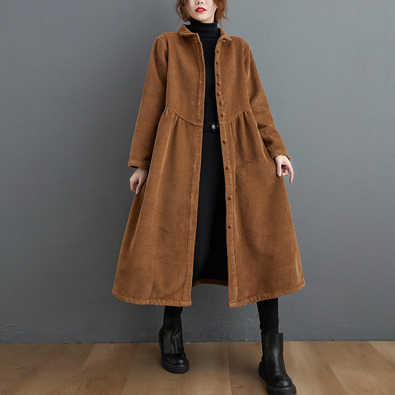 Dames Lange Jas – Corduroy – A-lijn Los Model – Hoge Kraag – Knoopsluiting – Midi