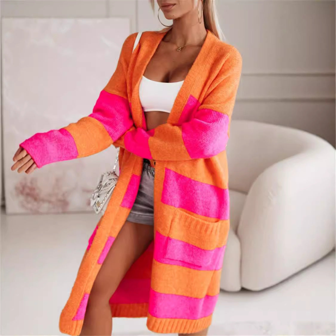Dames Vest – Oversized Pasvorm – Lang Model – Open Voorzijde – Gestreept Breisel