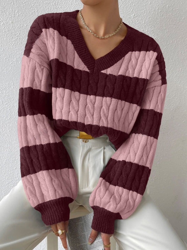 Olivia Cable-Knit Varsity Sweater | Striped Casual Sweater