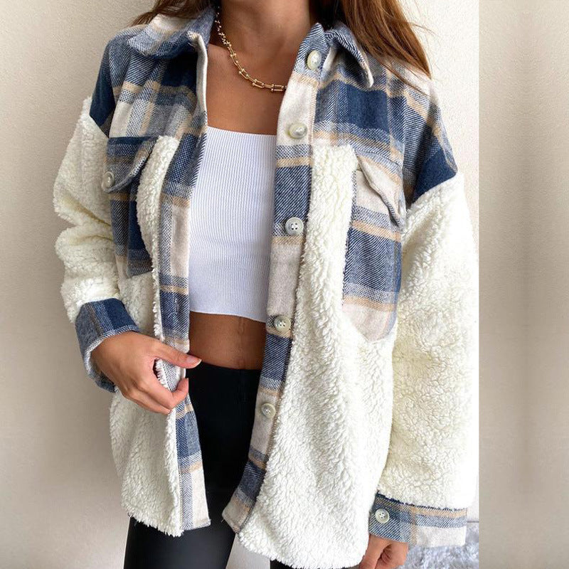 Dames Shacket Jas – Oversized Pasvorm – Sherpa Fleece – Geruit – Lange Mouw