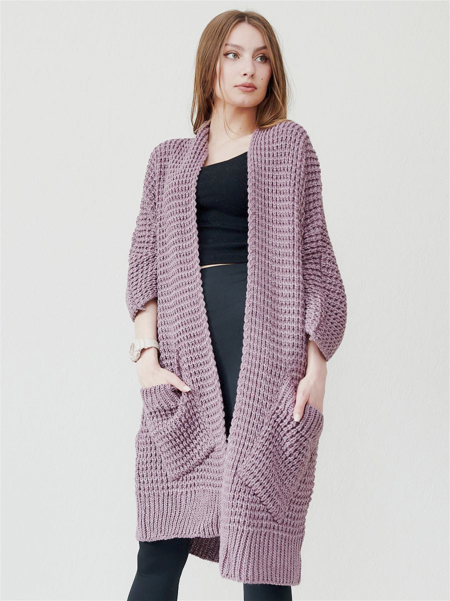 Dames Gebreide Jas – Oversized Pasvorm – Chunky Knit – Open Voorzijde – Patchzakken