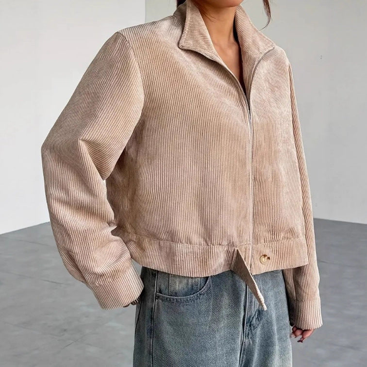 Dames Jas – Corduroy – Relaxte Pasvorm– Cropped Model – Ritssluiting – Brede Kraag