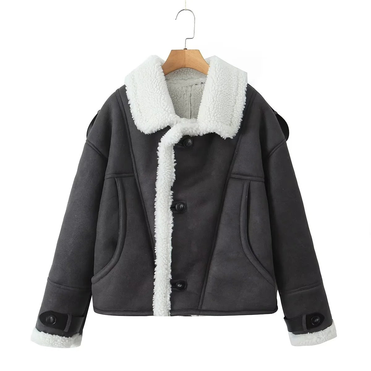 Amelia woolen oversized aviator jacket | Aviator jacket with fur collar and button closure