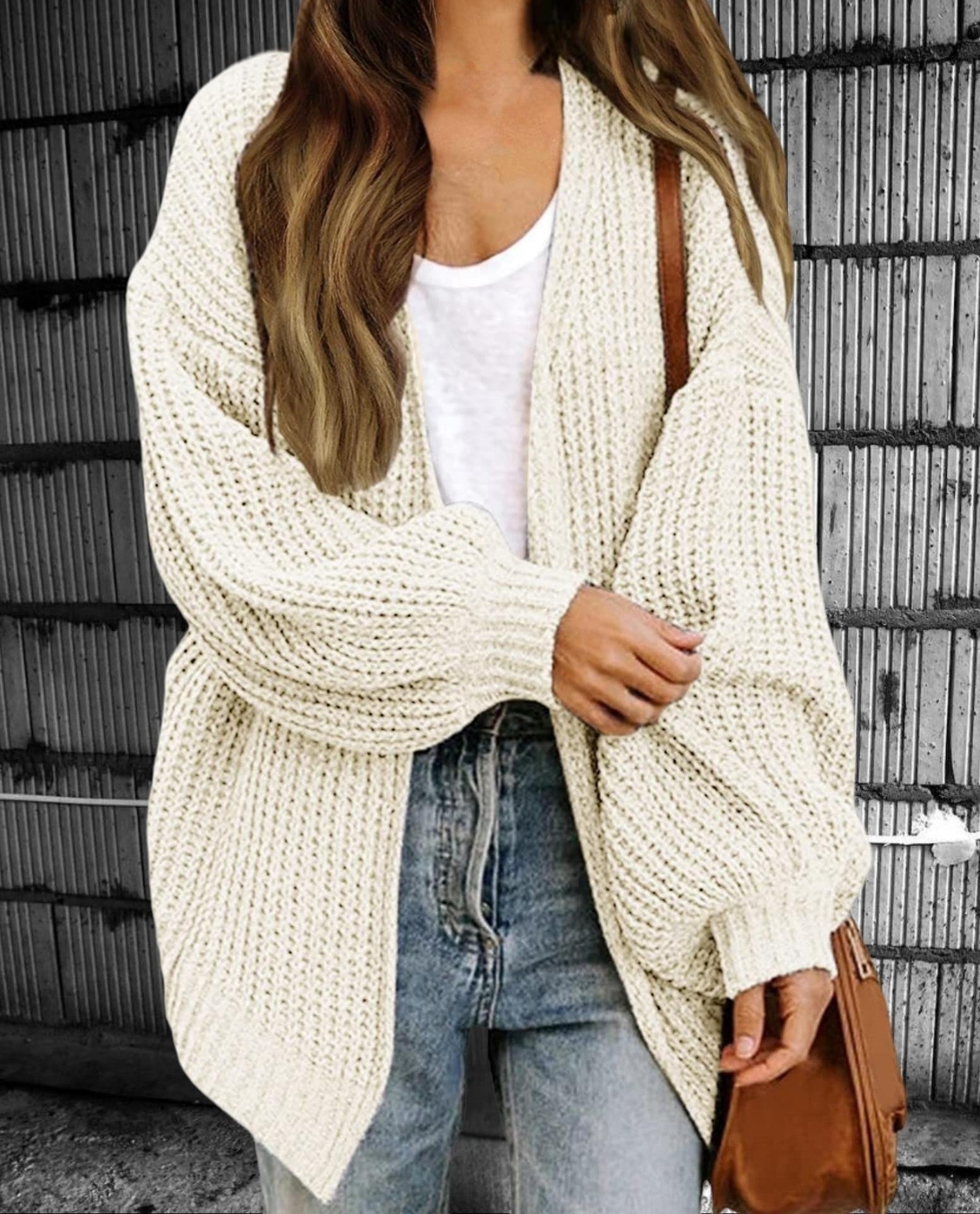 Dames Gebreid Vest – Oversized Pasvorm – Wollook – Open Voorzijde – Ribboorden