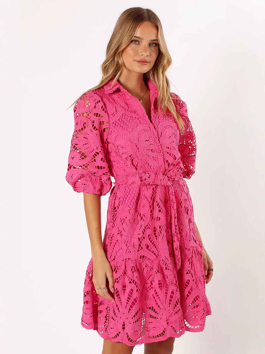 Women's lace dress – Belt at the waist – Puff sleeves – A-line mini-dress