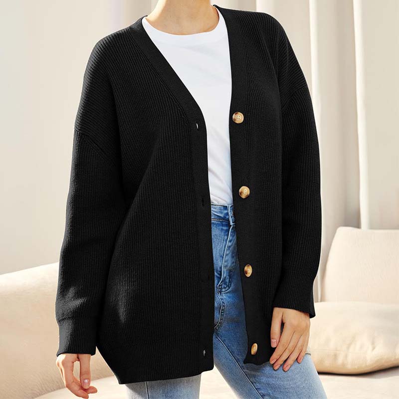 Dames Cardigan – Zacht Gebreid – Oversized Pasvorm – Ribstructuur – V-Hals Met Knopen