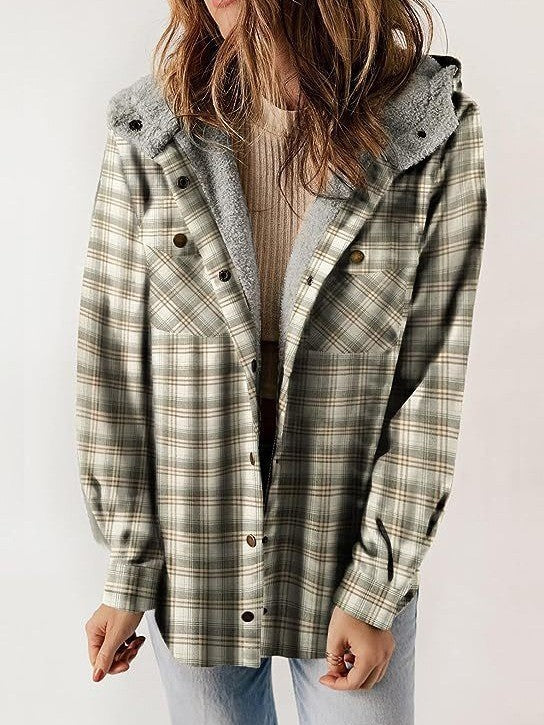 Dames Wool Jas – Relaxed Fit – Geruit – Knoopsluiting – Gevoerd met Capuchon