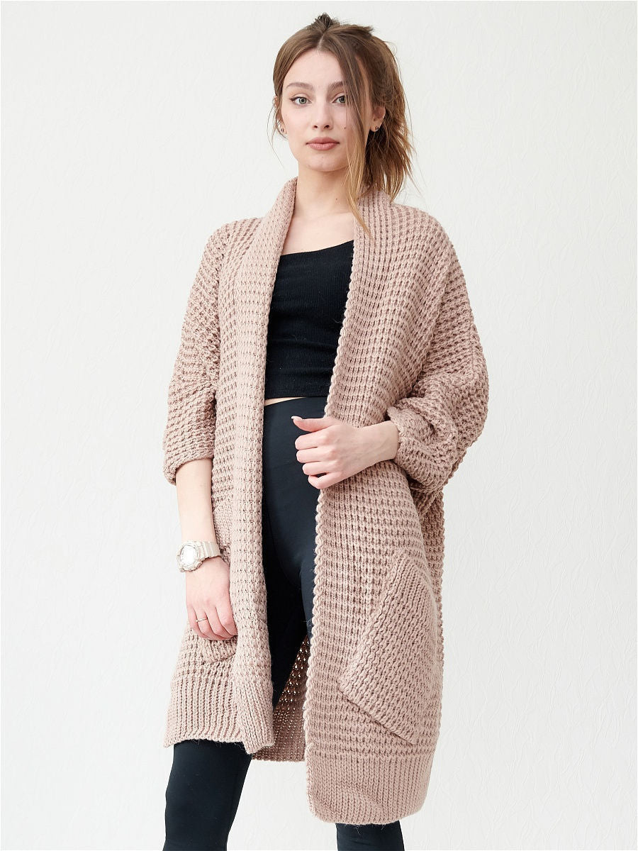 Dames Gebreide Jas – Oversized Pasvorm – Chunky Knit – Open Voorzijde – Patchzakken