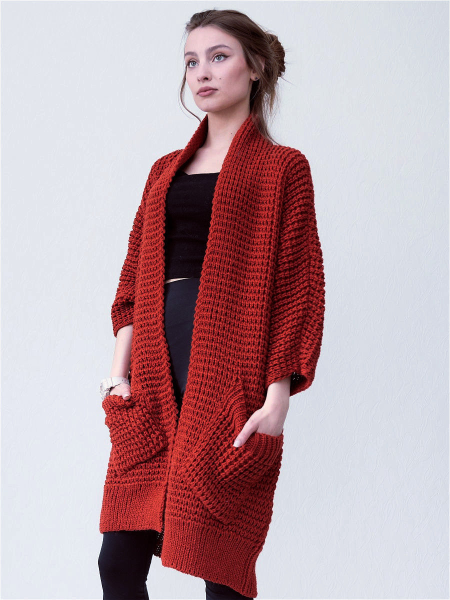 Dames Gebreide Jas – Oversized Pasvorm – Chunky Knit – Open Voorzijde – Patchzakken