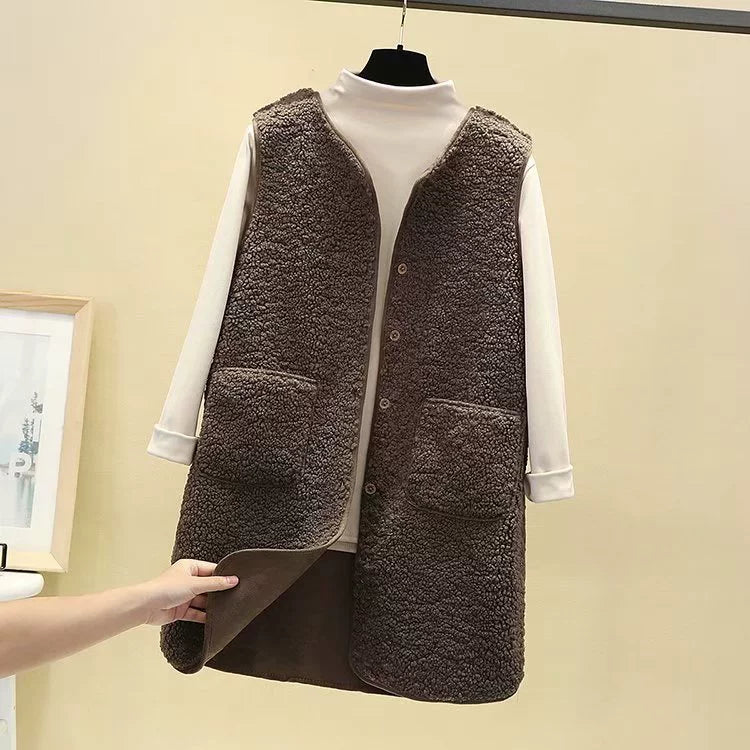 Dames Lang Gilet – Fleece Textuur – Relaxte Pasvorm – Open Voorzijde met Zakken