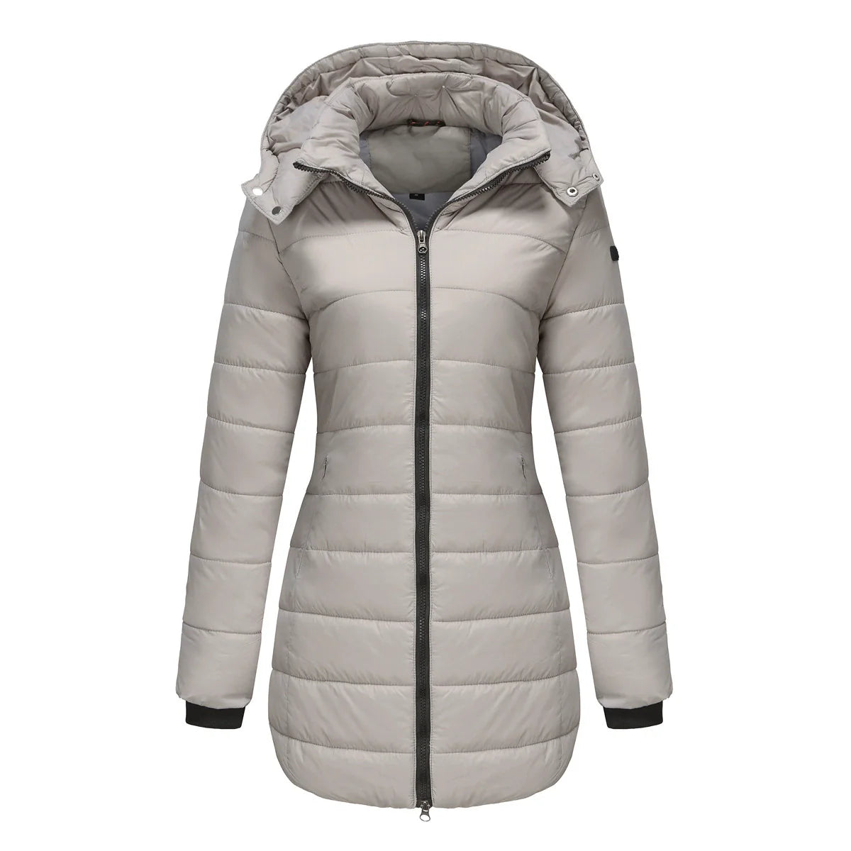 Ladies Puffer Jacket – Padded – Detachable Hood – Ribbed Cuffs – Mid-Length Model