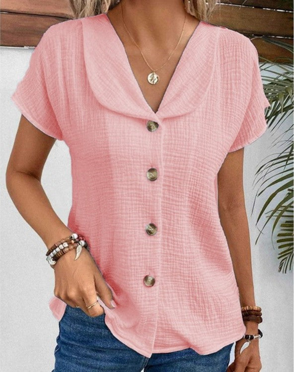 Chique Zomerblouse met Knoopsluiting en Korte Mouwen voor dames