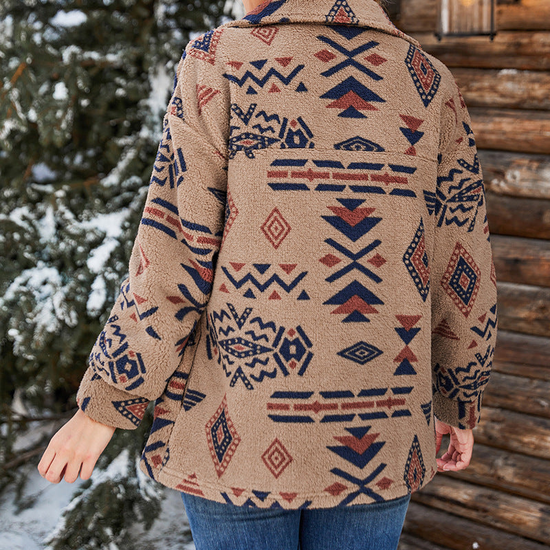 Dames jas – Oversized pasvorm – Zacht pluizig materiaal – Geometrisch patroon – Reverskraag