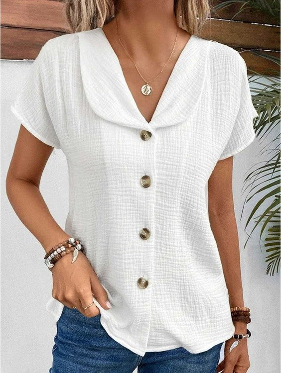 Chique Zomerblouse met Knoopsluiting en Korte Mouwen voor dames