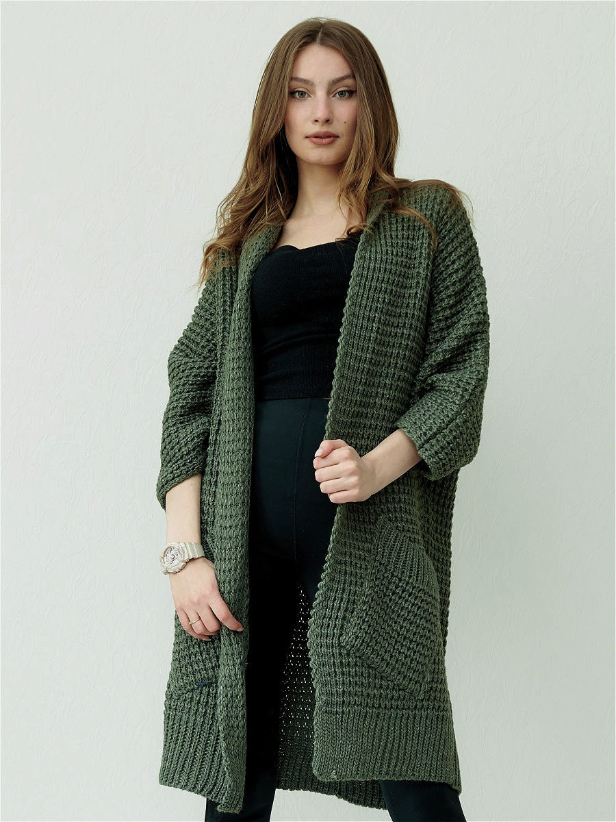Dames Gebreide Jas – Oversized Pasvorm – Chunky Knit – Open Voorzijde – Patchzakken