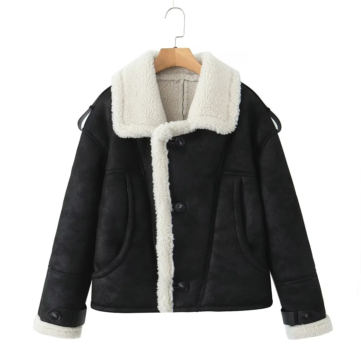 Amelia woolen oversized aviator jacket | Aviator jacket with fur collar and button closure
