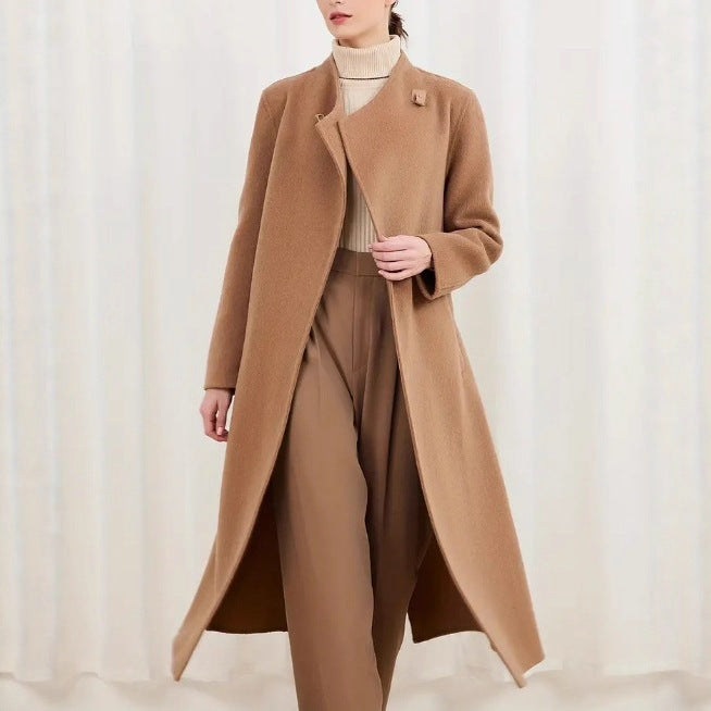 Women's Long Coat – Relaxed Fit – Wool – Stand-up Collar – Asymmetric Lapel