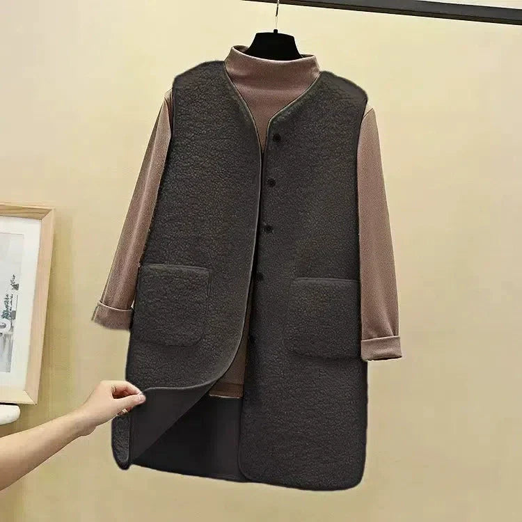 Dames Lang Gilet – Fleece Textuur – Relaxte Pasvorm – Open Voorzijde met Zakken