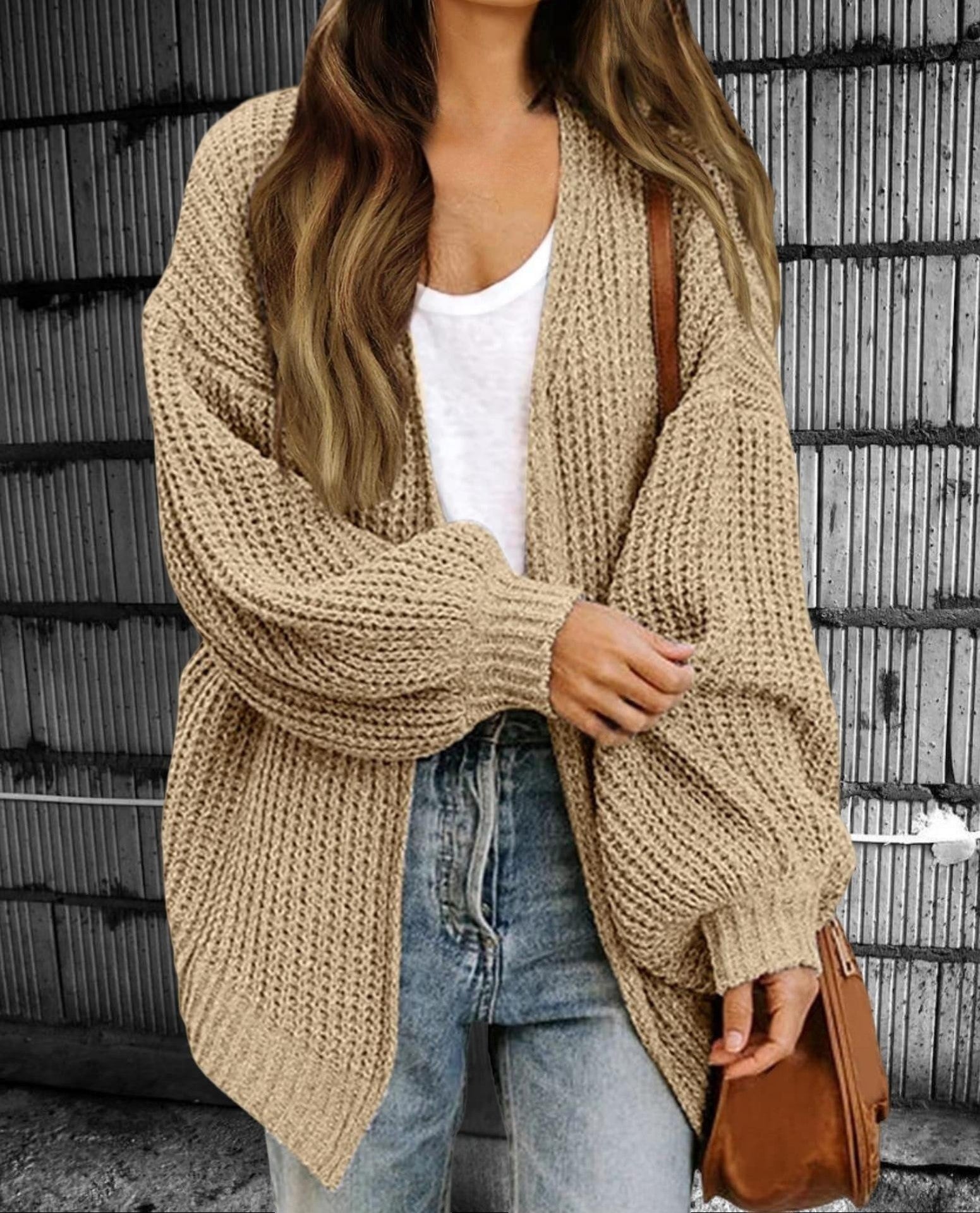 Dames Gebreid Vest – Oversized Pasvorm – Wollook – Open Voorzijde – Ribboorden