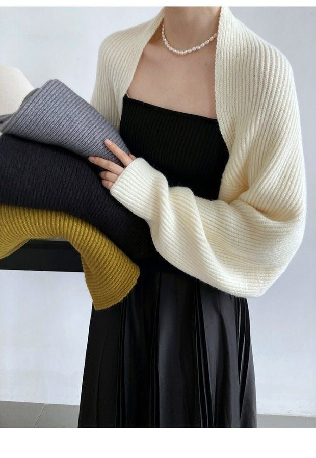 Dames Shrug Cardigan – Wolmix – Ribgebreid – Open Front – Cropped Pasvorm – Oversized Mouwen