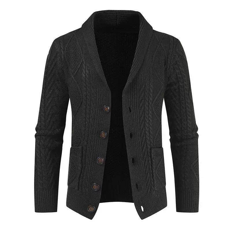 Men's Cardigan – Wool Cable Knit – Regular Fit – Shawl Collar – Button Closure – Pockets