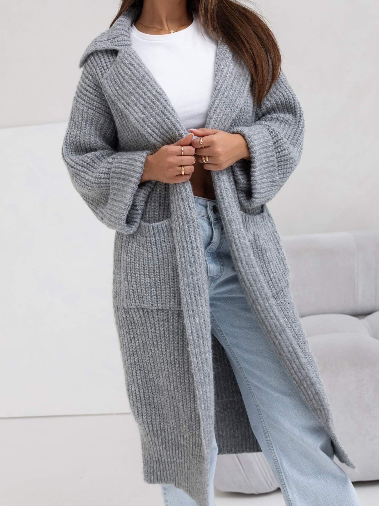 Dames lange gebreide jas – Oversized pasvorm – Wol – Met capuchon en zakken