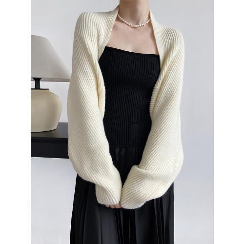 Dames Shrug Cardigan – Wolmix – Ribgebreid – Open Front – Cropped Pasvorm – Oversized Mouwen