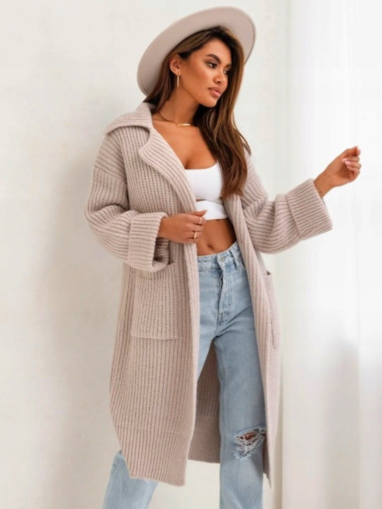 Dames lange gebreide jas – Oversized pasvorm – Wol – Met capuchon en zakken