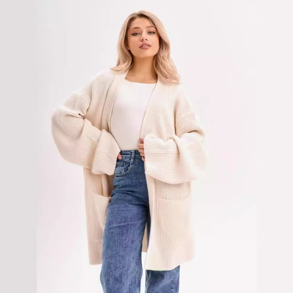 Dames Gebreid Vest – Oversized Pasvorm – Wol Look – Lange Lengte – Steekzakken