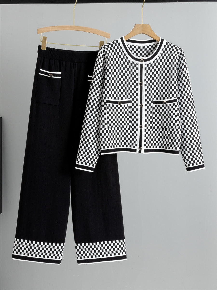 Ladies Two-Piece Suit – Knitted Cardigan with Round Neck – High-Waisted Wide-Leg Pants