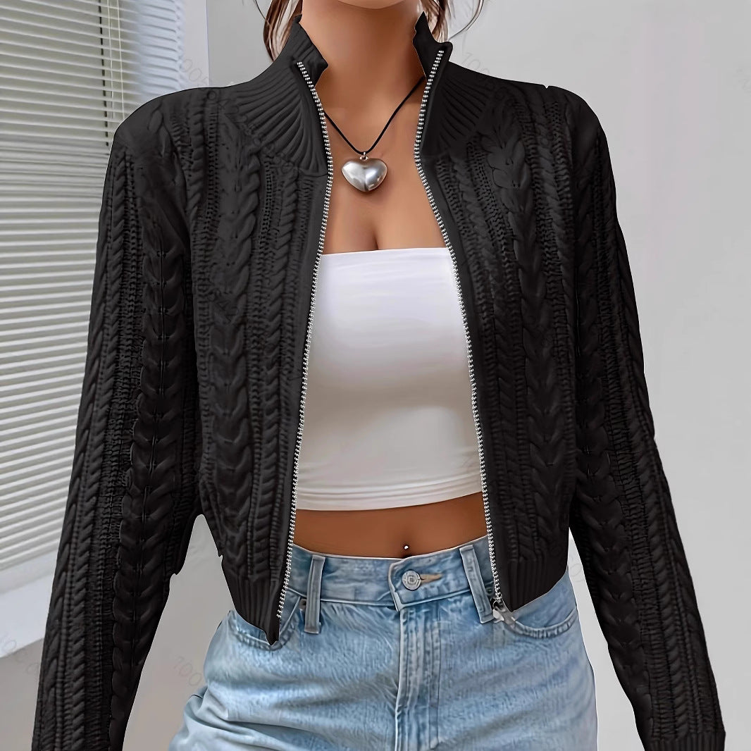 Dames Vest – Slim Fit – Kabelbreisel – Hoge Kraag – Ritssluiting – Wollook