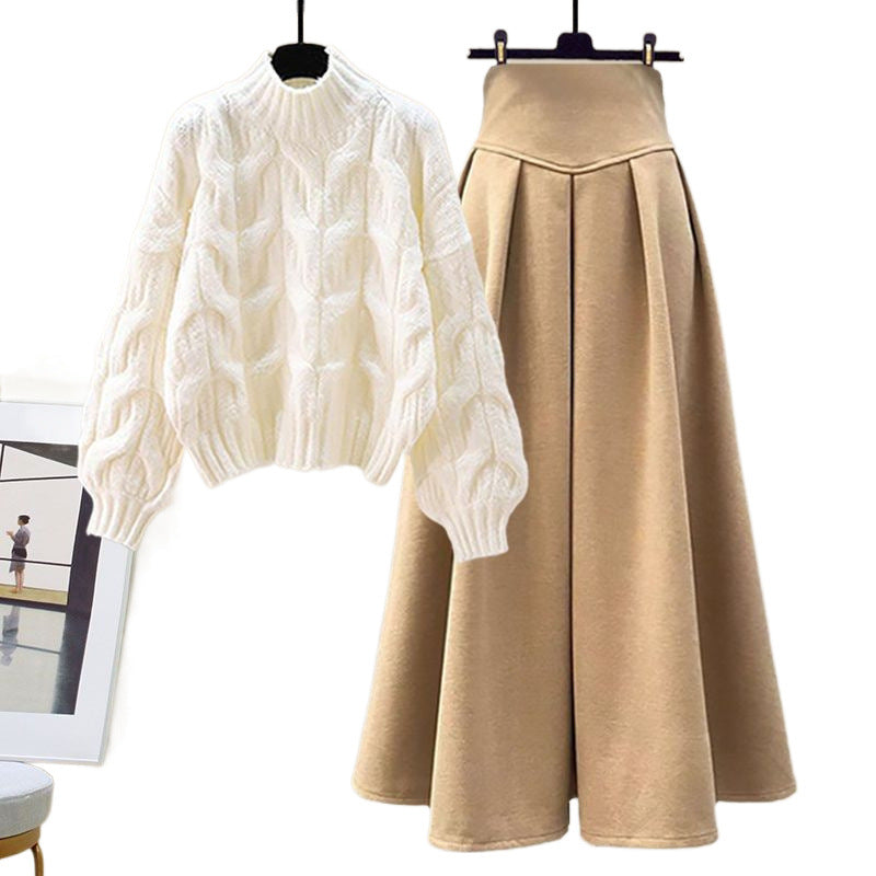 Dames Twee-Delige Set – Oversized Kabeltrui – A-Lijn Midi Rok met Plissé