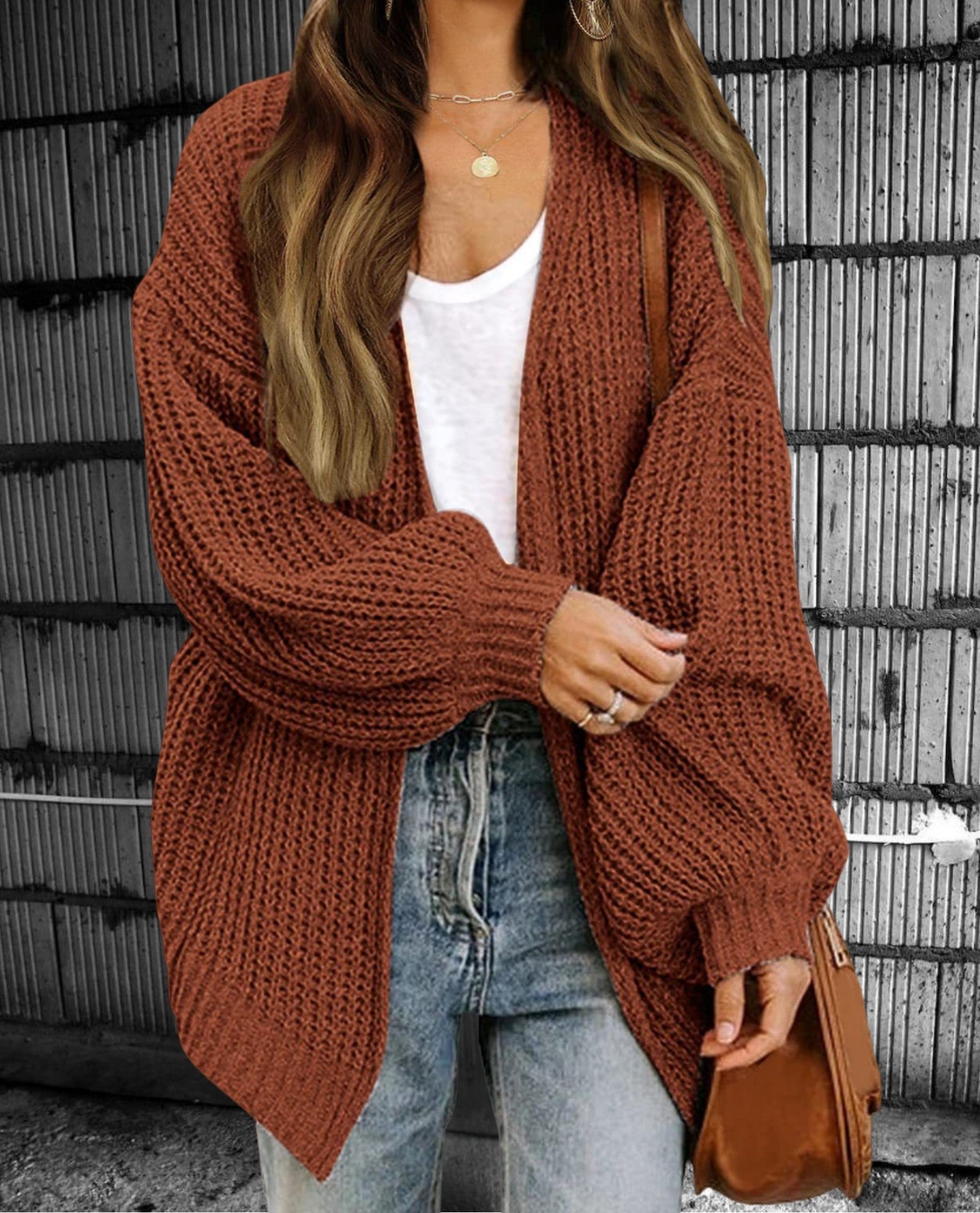 Dames Gebreid Vest – Oversized Pasvorm – Wollook – Open Voorzijde – Ribboorden