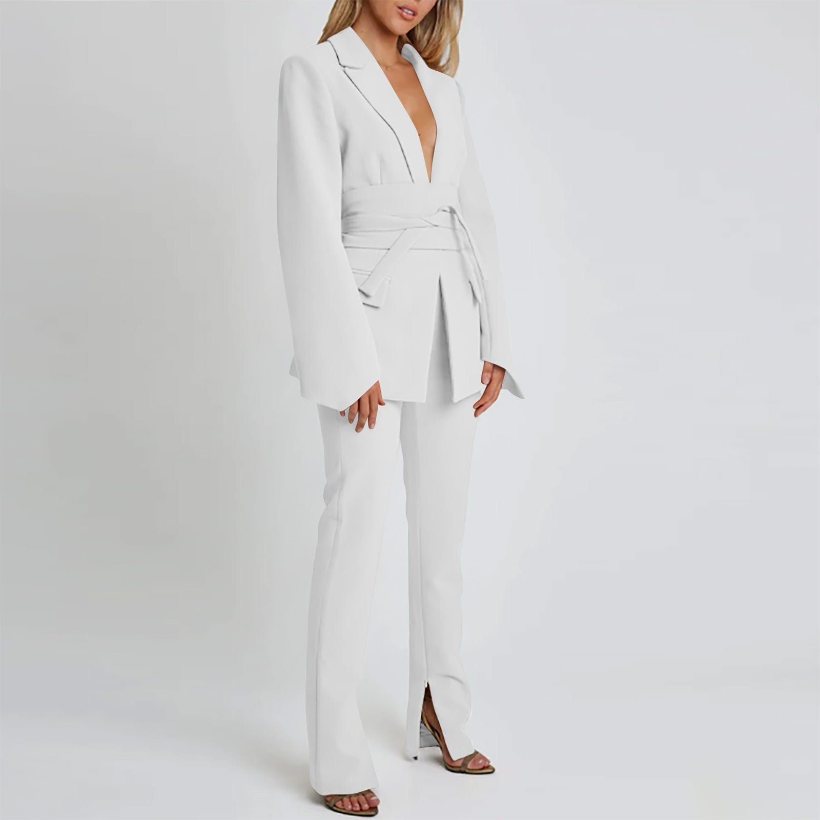 Dames blazer – Lang model – Getailleerde pasvorm – Strikceintuur – Reverskraag