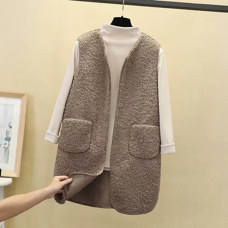 Dames Lang Gilet – Fleece Textuur – Relaxte Pasvorm – Open Voorzijde met Zakken