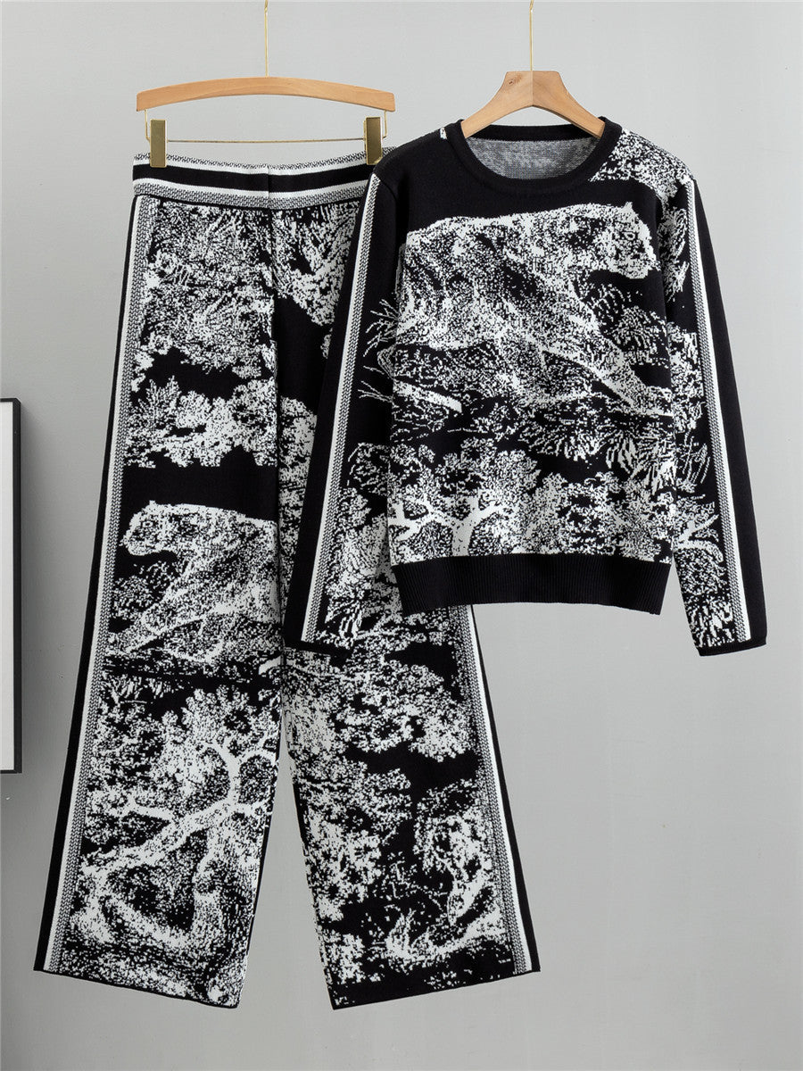 Dames Two-Piece Set – Jacquard Knit – Relaxte Pasvorm – Hoge Taille Wijde Pijpen