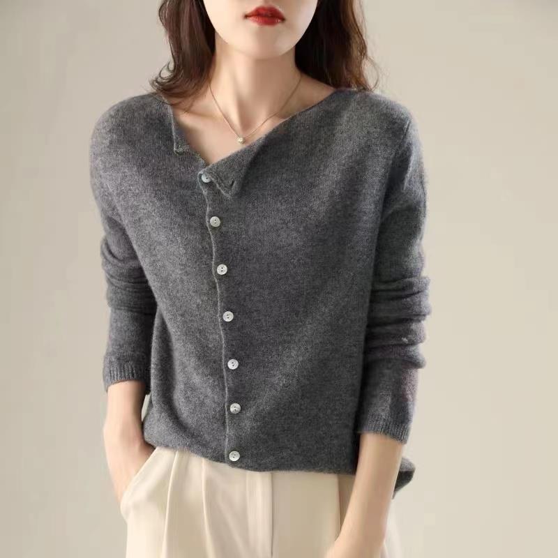 Dames Gebreid Vest – Relaxte Pasvorm – Asymmetrische Sluiting – Lange Mouwen Ribboorden