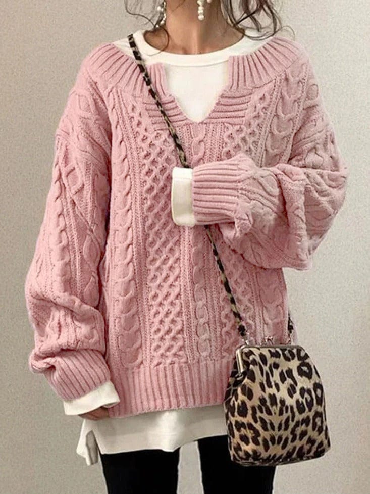 Dames Trui – Oversized Pasvorm – Wolmix – Kabelgebreid – Diepe V-Hals – Lange Mouwen
