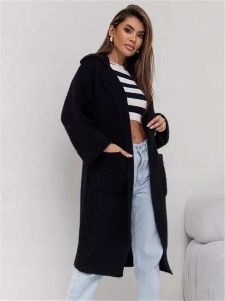 Dames lange gebreide jas – Oversized pasvorm – Wol – Met capuchon en zakken